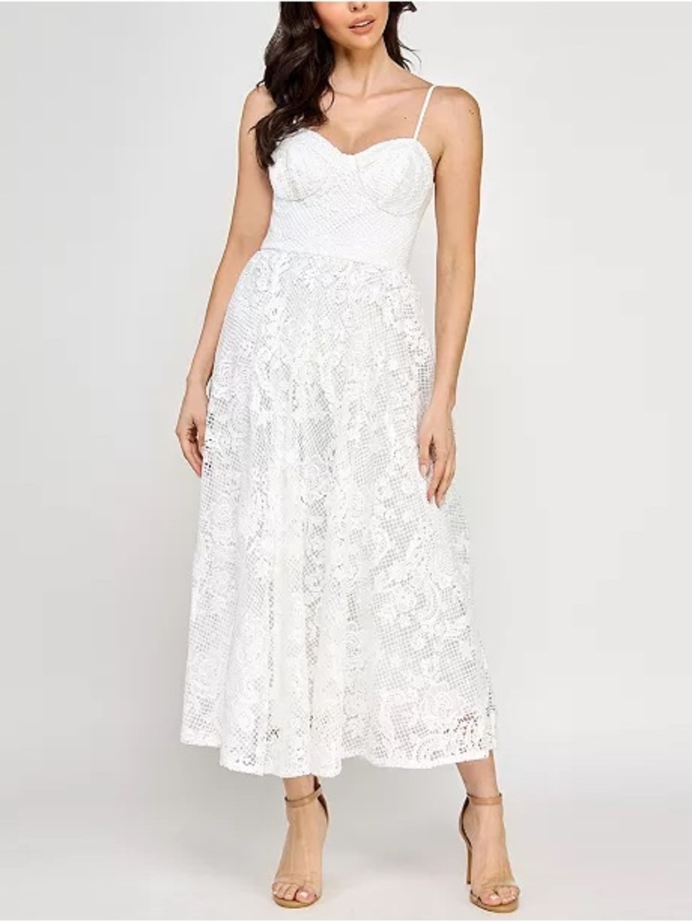 Lace Midi Dress with Spaghetti Straps — White